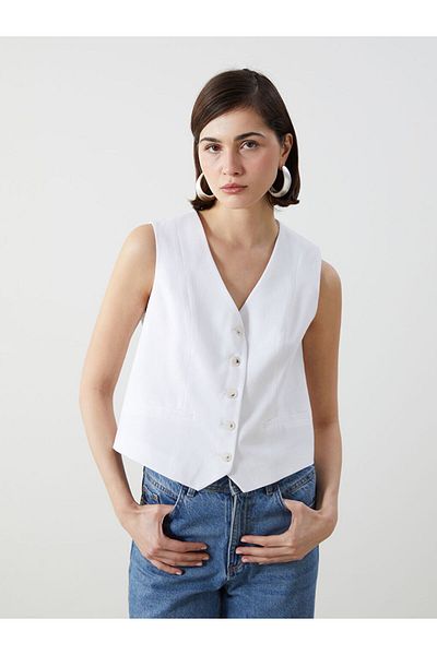 LC Waikiki New Season V-Neck Linen Blend Women's Classic Vest - S5K041Z8