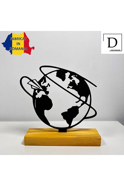 OEM "Around the World" decoration with natural wood base, 15 cm, black, 3D printed