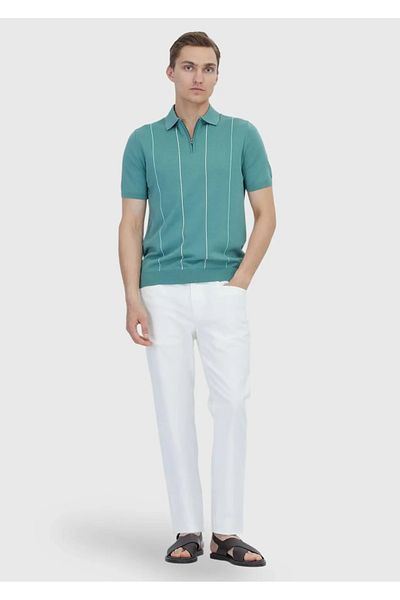 Ramsey Green Polo Neck Striped Cotton Blend Knitwear