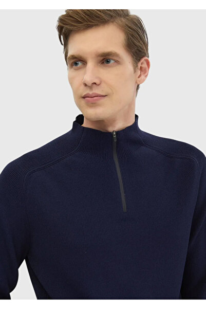 Ramsey Navy Blue Half Turtleneck Jacquard Knitwear Sweater