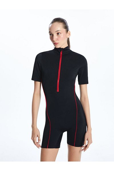 LC Waikiki Black Stand Collar Plain Short Sleeve Women's Swimsuit