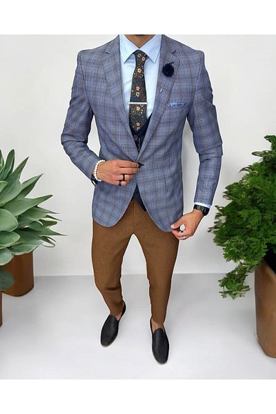 dehaine Men's suit, jacket, pants, vest, plaid, blue, 13206