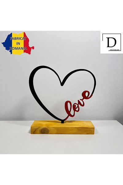 OEM "Heart Love" decoration with natural wooden base, 15 cm, red/black, 3D printed