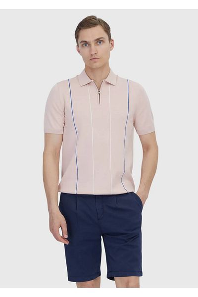 Ramsey Pink Polo Neck Striped Cotton Blend Knitwear