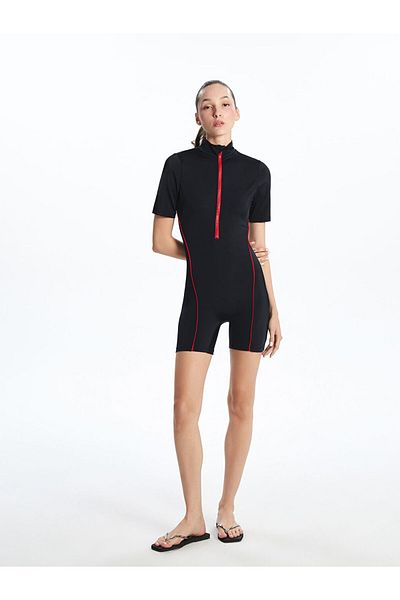 LC Waikiki Black Stand Collar Plain Short Sleeve Women's Swimsuit