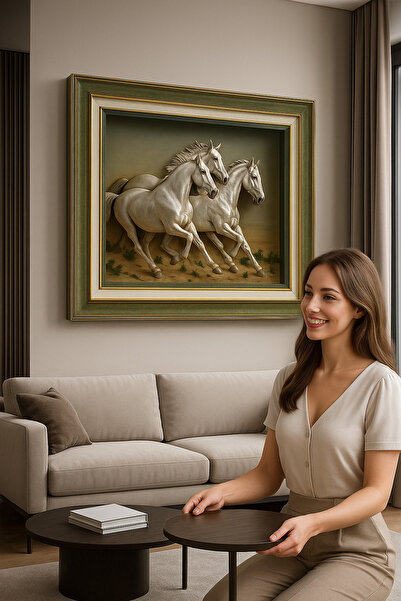 Mareluxe Lüks 3D Rölyef At Tablosu | Cam Çerçeve | Dekoratif Modern Duvar Tablosu | Gold Detaylı El Yapımı