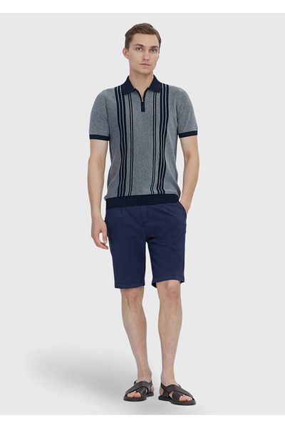 Ramsey Navy Blue Polo Neck Striped Cotton Blend Knitwear
