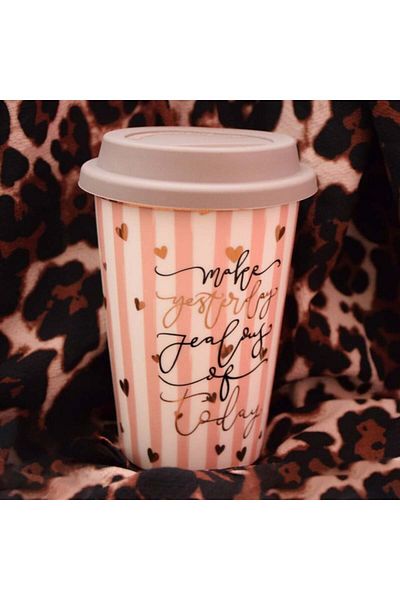 PUFO Cană de călătorie ceramică pentru cafea cu capac din silicon, 415 ml, model Make jealous