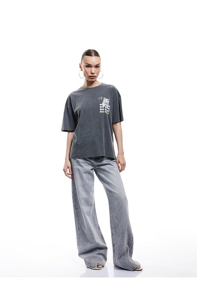 Koton Short Sleeve Crew Neck Cotton Washable Back Cat Printed Oversize T-Shirt