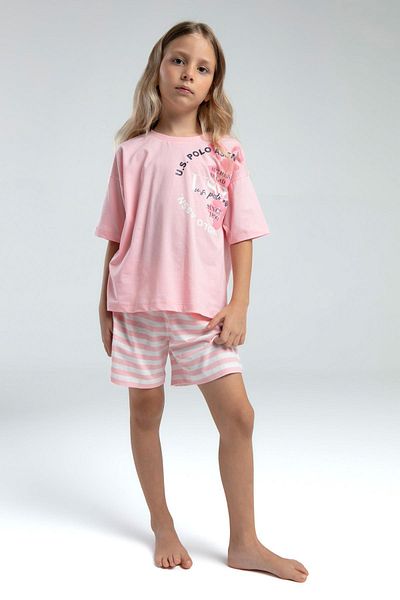 U.S. Polo Assn. Girls' Crew Neck Short Sleeve Striped Shorts Pajamas Suit