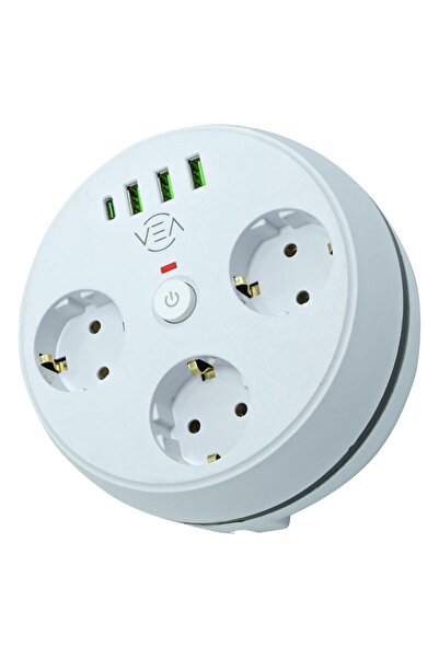 VEA VE-26583 3'LÜ 1.5 Metre Kablolu 3 USB / TYPE-C Girişli Akım Korumalı Grup...