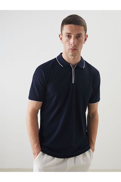 LC Waikiki Navy Blue Polo Neck Men's Textured T-Shirt