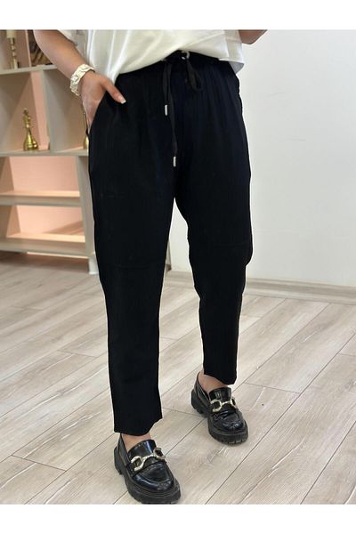 MELTEM TUĞAN Elastic Waist Linen Trousers Black