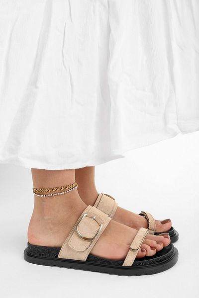 Shoeberry Women's Auree Mink Suede Velcro Buckle Detailed Slippers