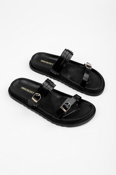 Shoeberry Women's Viloe Black Skin Buckle Detailed Slippers