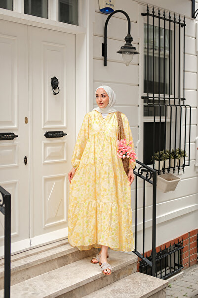 LOCCO Women's Watercolor Flower Pattern Dress Yellow