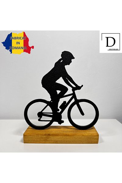 OEM "Bicyclist" decoration with natural wood base, 17 cm, black, 3D printed