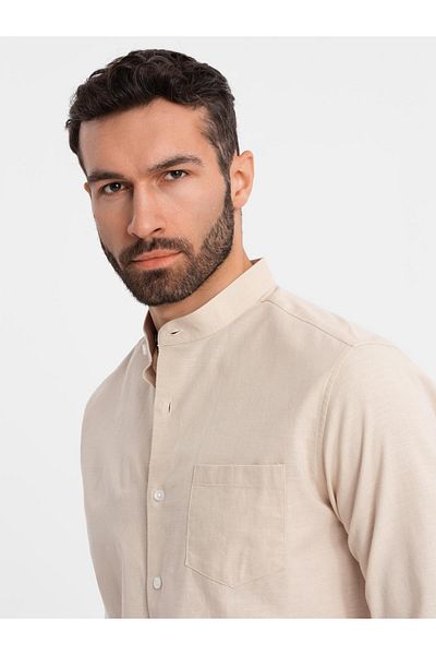OMBRE Herren Leinenhemd mit Kragen und Tasche REGULAR FIT - creme V3 OM-SHCS-0161 XXL