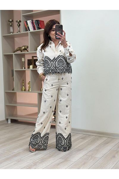 MELTEM TUĞAN Ethnic Pattern Embroidered Trousers Stone