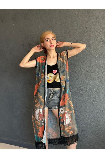 Gönülden Tasarım Flower Patterned Long Tassel Women's Vest Beach Vest 105 cm