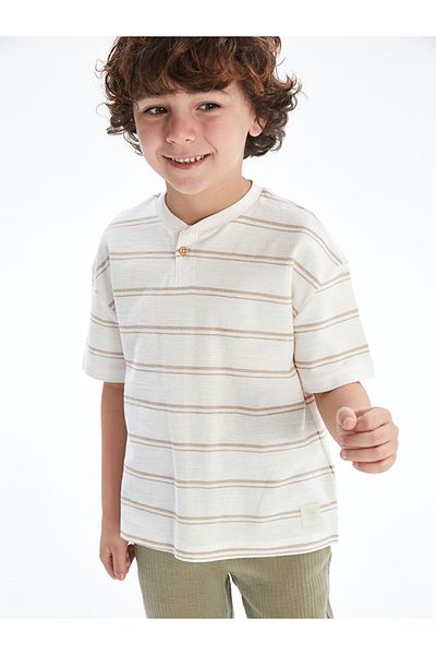 LC Waikiki Beige Combed Cotton Striped Boy's T-Shirt