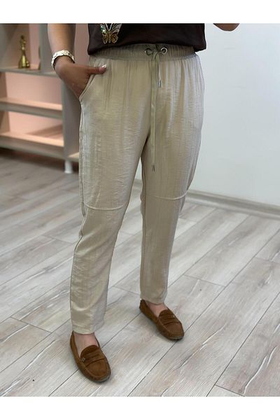 MELTEM TUĞAN Elastic waist linen trousers stone
