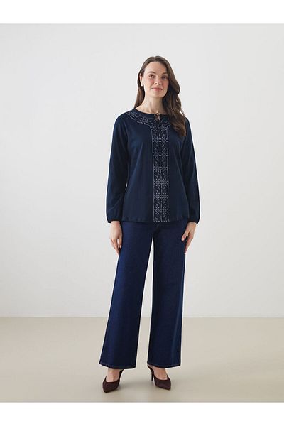 LC Waikiki Grace Navy Blue Tie Collar Patterned Blouse