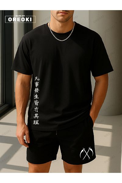 EFFRENATU Latest Breath Printed Cotton Fabric Unisex Black T-Shirt-Black Shorts Set