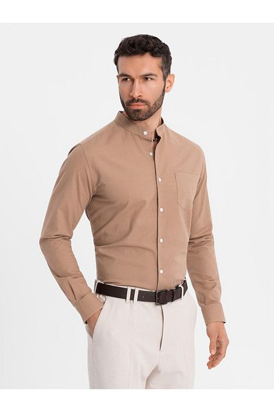 OMBRE Herren Leinenhemd mit Stehkragen und Tasche REGULAR FIT - hellbraun V7 OM-SHCS-0161 S
