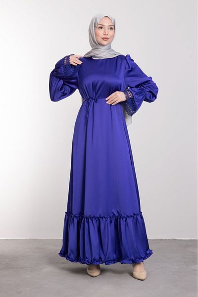 Lamia Giyim Rochie de seară hijab din satin cu detaliu guipură cu volane duble Saks