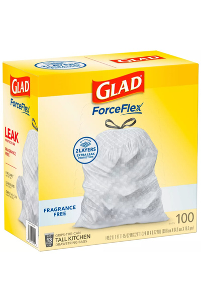 Glad كيس قمامة مطبخ طويل بدون رائحة من فورس فليكس، سعة 13 جالونًا، مزود برباط...