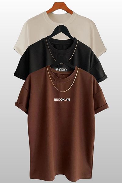 MODAGEN Unisex Brooklyn Printed 3 Pack Μπλουζάκι καφέ-μαύρο-μπεζ