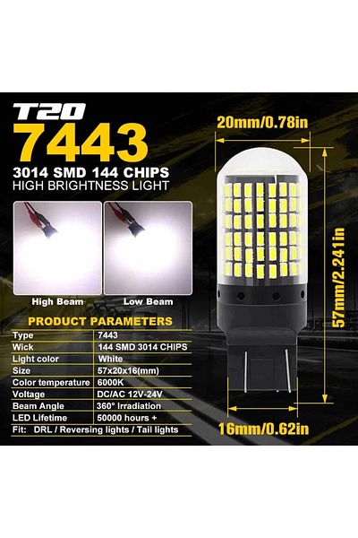 AUTOREY Canbus LED Bulb T20 W21/5W 7443 144 LEDs for Reverse Lights DRL Daytime Running Lights white 6000K