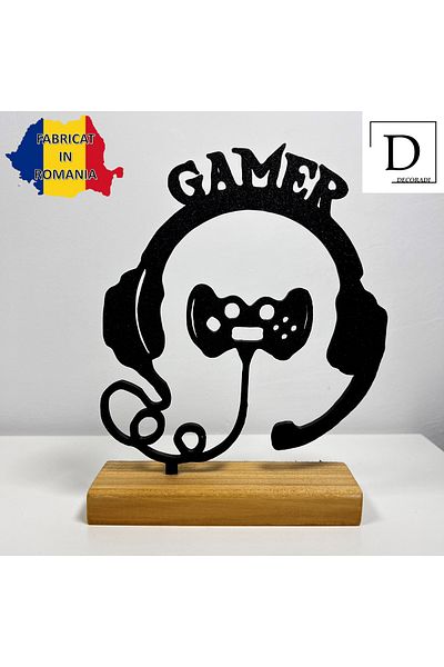 OEM "Gamer Setup Icon" decoration with natural wood base, 18.5 cm, black, 3D printed