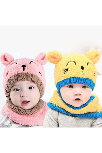 Linovit Winter hat and scarf set for children, Cat pattern, 6-24 months - Pink