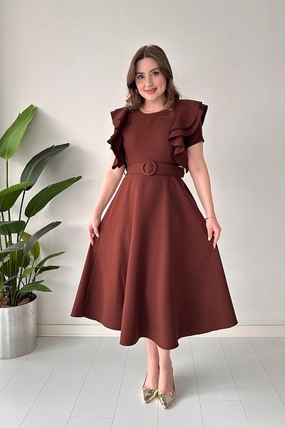 MaziButik Shoulder Layered Atlas Dress Brown