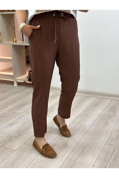 MELTEM TUĞAN Elastic Waist Linen Trousers Brown