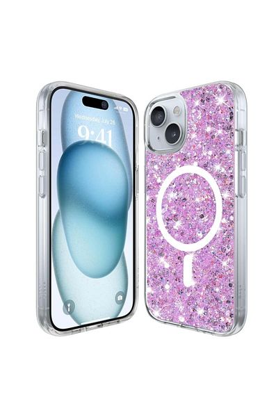 SKYDDAR INNOVATION Carcasă pentru iPhone 15, SparkleCase, silicon cu sclipici, protecție completă, magenta, set de autocolante