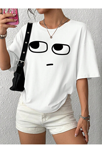 ELNOYA تي شيرت كاجوال مريح برقبة دائرية مطبوع عليه "وجه" من القطن الأبيض للجنسين