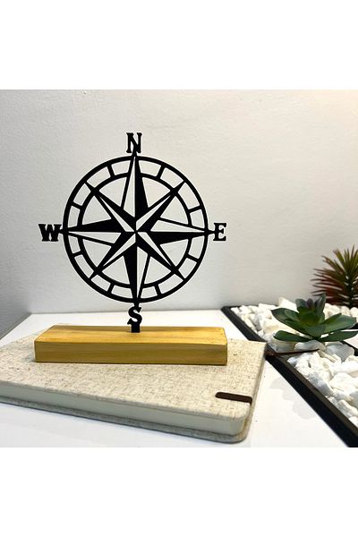 OEM "Compass" decoration with natural wooden base, 16.5 cm, black, 3D printed