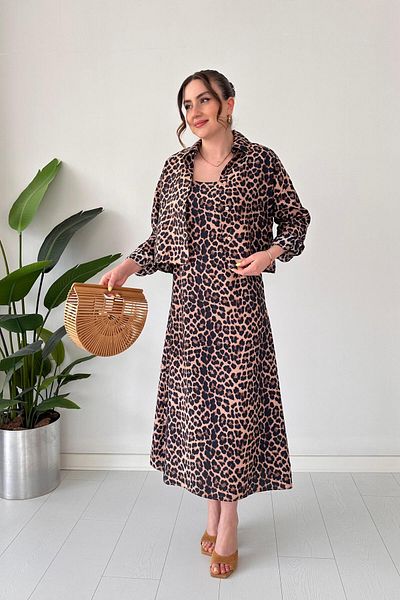MaziButik Patterned Shirt-Hanging Dress Set Leopard