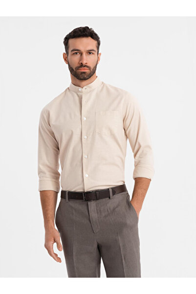 OMBRE Herren Leinenhemd mit Kragen und Tasche REGULAR FIT - creme V3 OM-SHCS-0161 XXL