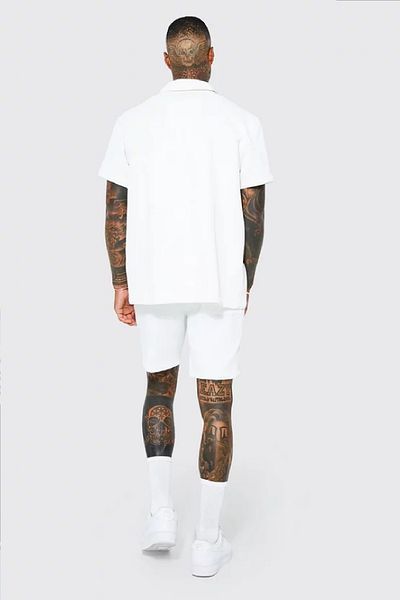 NEWLAKER Unisex Oversize Pleated Fabric Short Sleeve Shirt Shorts Set