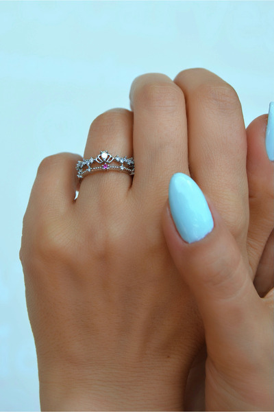 Sacce Scarves&Accessories خاتم زركون على شكل تاج الأميرة - لون فضي قابل للتعديل