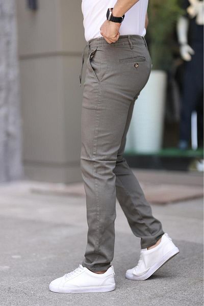 XORVİO Men's Slim Fit Flexible Lycra Dobby Quality Linen Lace-Up Stylish Khaki Trousers