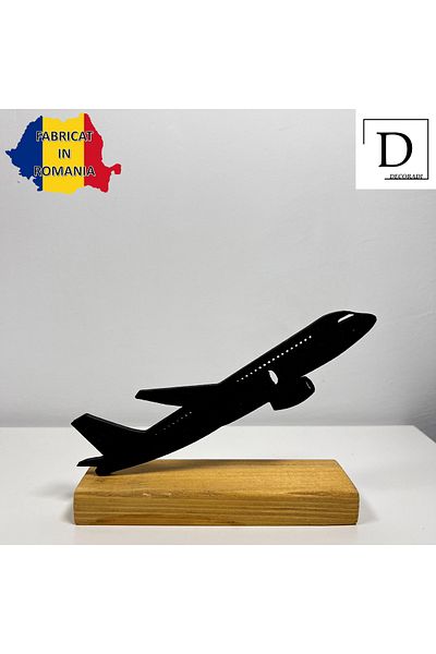 OEM "Decoland Airplane" decoration with natural wood base, 10.5 cm, black, 3D printed
