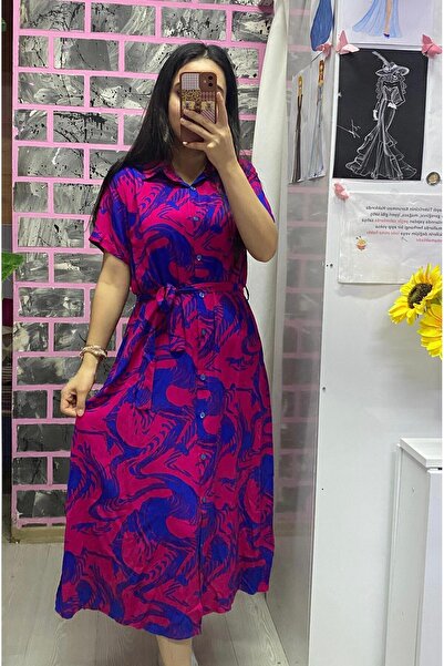 EGELİMODA فستان قميص طويل من الفسكوز الوردي بأزرار من BOYAN