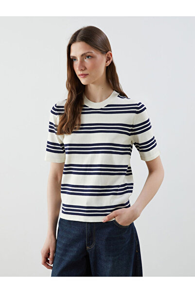 LC Waikiki Navy Blue Crew Neck Striped Women's Knitwear Sweater