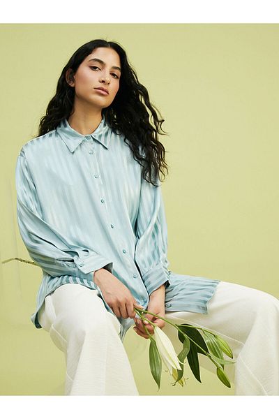 LC Waikiki New Season Striped Oversize Satin Women's Shirt Tunic - S5Fh72Z8