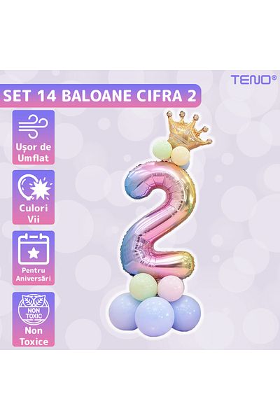 Teno Set of 14 Number 2 Teno® Balloons, crown, pastel balloon,, multiple sizes, latex, multicolor